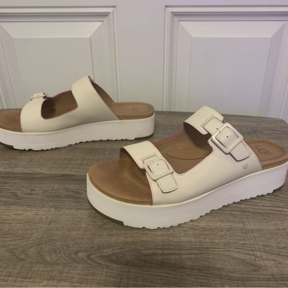 Ugg. Hanneli Platform Sandals. 9.5 White with pink stitching. Gently used. - Picture 9 of 14